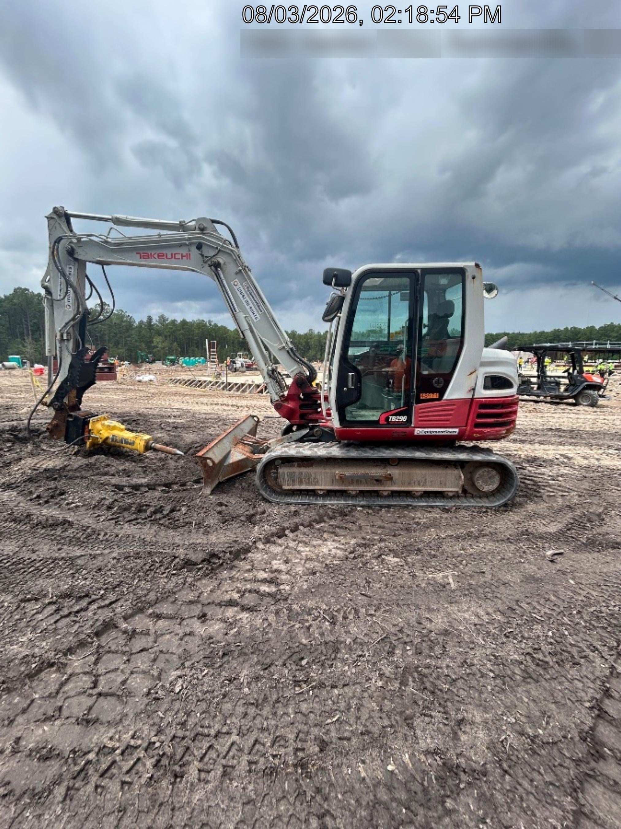 2019 Takeuchi TB290 Cab, AC, Rubber Tracks, Dozer Blade, Travel Alarm, Control Pattern Change Valve, Auxiliary Hydraulics w/18" Quick Coupler Bucket with teeth, 6.2 cu. ft. capacity/24" Quick Coupler Bucket with teeth, 8.6 cu. ft. capacity/36" Quick Coupler Bucket with teeth, 13.4 cu. ft. capacity, Quick Coupler, Hydraulic Thumb Installed