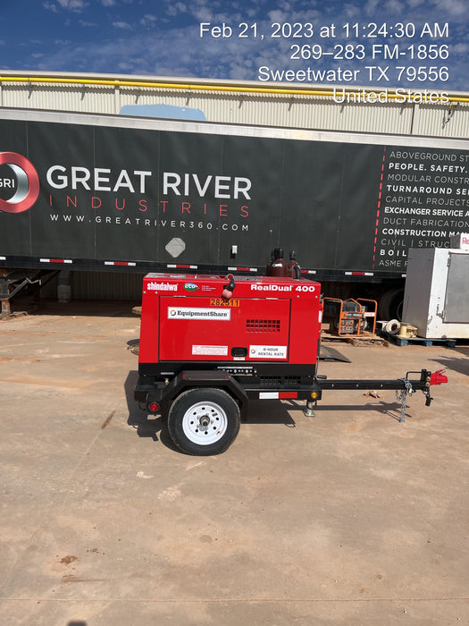 2022 Shindaiwa DGW400MDL Kubota D902 Engine, 23 HP, Dual Op Welder, Wire, Arc, Droop Stick, Tig, and CC Stick Functionality, Simulphase, 3 Phase and 1 Phase Gen Output, Single Axle NB Trlr, Slr Trckl Chrg 12V 12W, Fire Ext