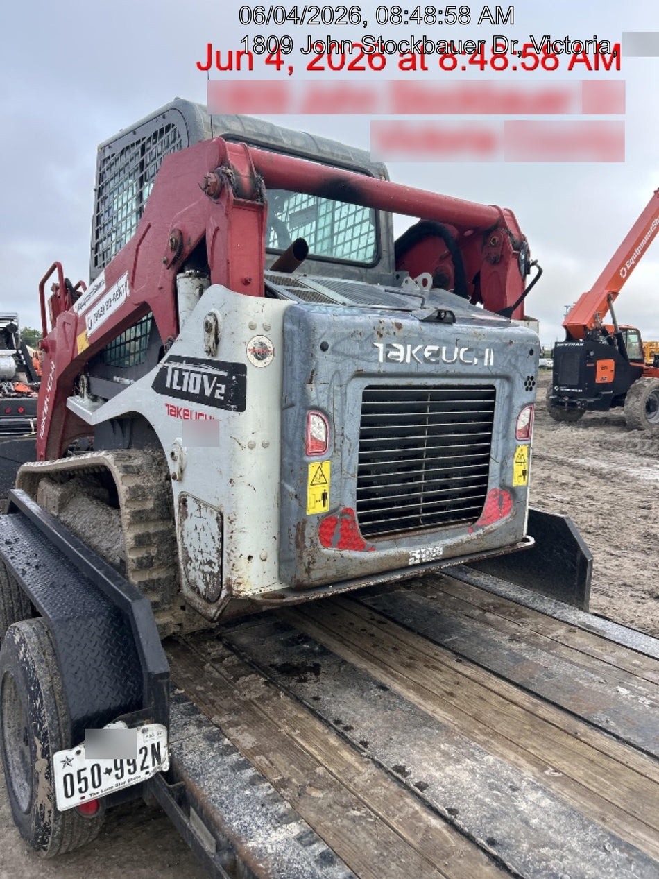 2019 Takeuchi TL10V2-CR Cab/Heat/AC, Rubber Tracks, Backup Alarm, Front & rear working Lights, Auxiliary Hydraulics, 2 Speed Travel, Engine Monitoring System, Hydraulic universal quick hitch w/76" HD smooth dirt bucket with bolt-on edge, 20.3 cubic feet capacity, 48" Pallet forks and frame