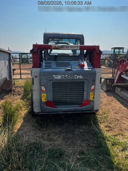 2019 Takeuchi TL10V2-CR Cab/Heat/AC, Rubber Tracks, Backup Alarm, Front & rear working Lights, Auxiliary Hydraulics, 2 Speed Travel, Engine Monitoring System, Hydraulic universal quick hitch w/76" HD dirt bucket with 8 teeth, 20.3 cubic feet capacity, 48" Pallet forks and frame