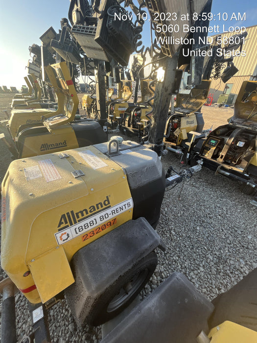 2022 Allmand NLV3GR (4) LED Light Fixture 350W, 23' Vertical Mast, 3kW Prime, Towable, Deep Sea L401, Leveling Jacks, Yanmar T4F 5.8hp