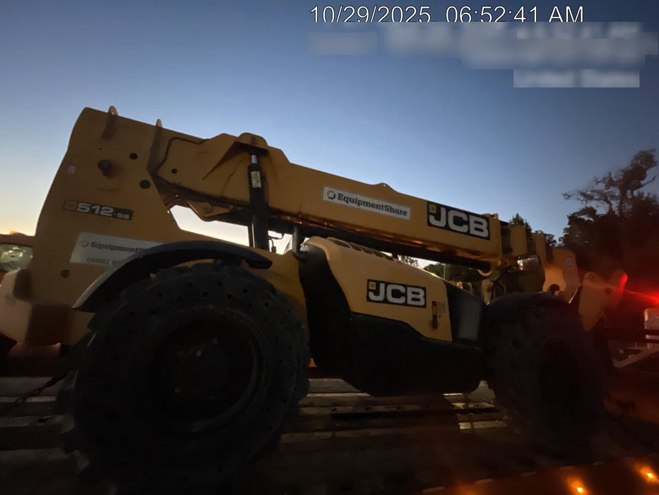 2019 JCB 512-56 Enclosed Cab, 109 HP, Solid Tires, Worklights, Beacon, Aux Hydraulics, Lifting Eye w/60" Carriage/60" Forks