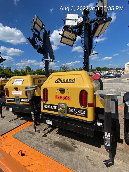 Allmand NLV3GR (4) LED Light Fixture 350W, 23' Vertical Mast, 3kW Prime, Towable, Deep Sea L401, Leveling Jacks, Yanmar T4F 5.8hp