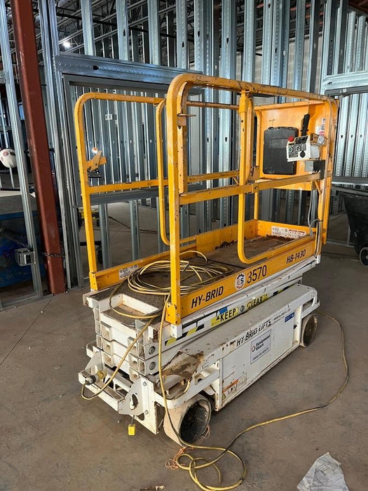 Custom Equipment HB-1430 Hy-Brid Scissor Lift
Platform capacity up to 670 lbs
Working height up to 20 ft
Weighs under 1,700 lbs
Non-marking wheels