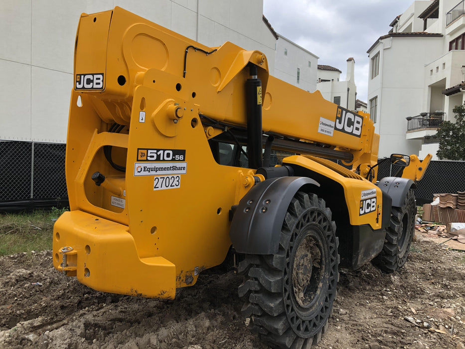 2019 JCB 510-56 Open ROPS, 74 HP, Solid Tires, Worklights, Beacon, Aux Hydraulics, Lifting Eye w/60" Carriage/60" Forks