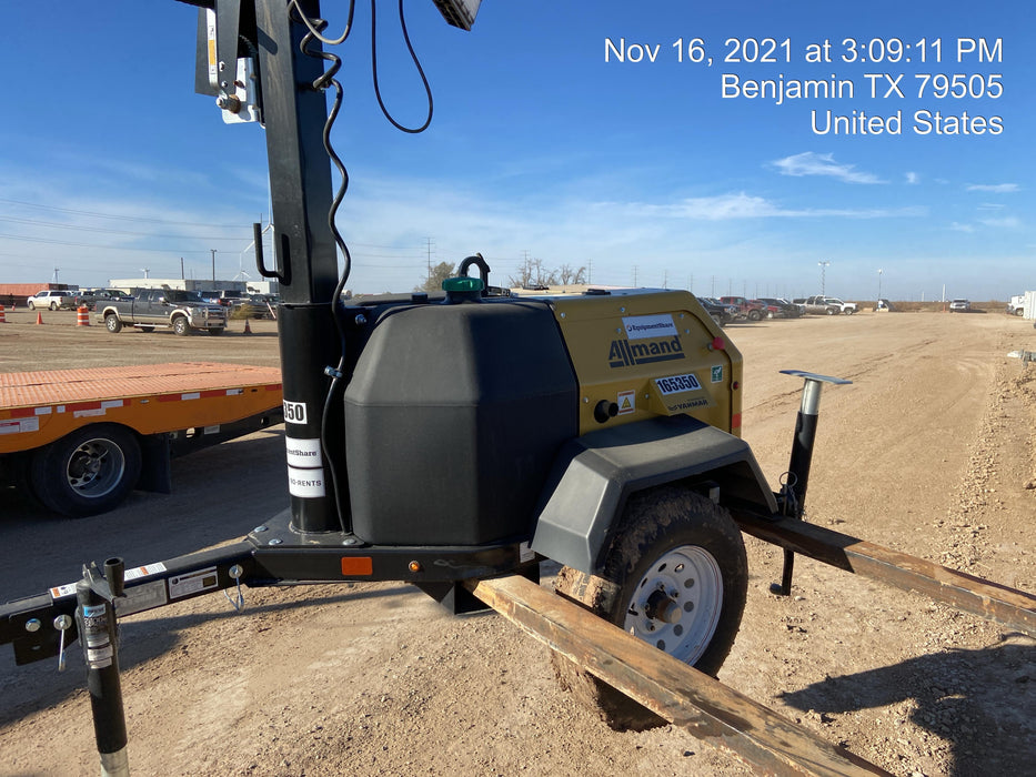 2021 Allmand NLV3GR (4) LED Light Fixture 350W, 23' Vertical Mast, 3kW Prime, Towable, Deep Sea L401, Leveling Jacks, Yanmar T4F 5.8hp