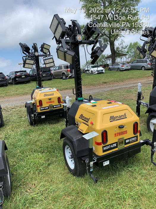 Allmand NLV3GR (4) LED Light Fixture 350W, 23' Vertical Mast, 3kW Prime, Towable, Deep Sea L401, Leveling Jacks, Yanmar T4F 5.8hp