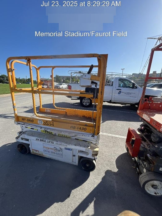 Custom Equipment HB-1430 Hy-Brid Scissor Lift
Platform capacity up to 670 lbs
Working height up to 20 ft
Weighs under 1,700 lbs
Non-marking wheels