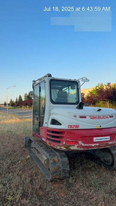 2019 Takeuchi TB290 Cab/Heat/AC Rubber tracks, Dozer blade, Travel alarm, Auxiliary hydraulics Manual QC, Hydraulic thumb, 18", 24", and 36" Buckets