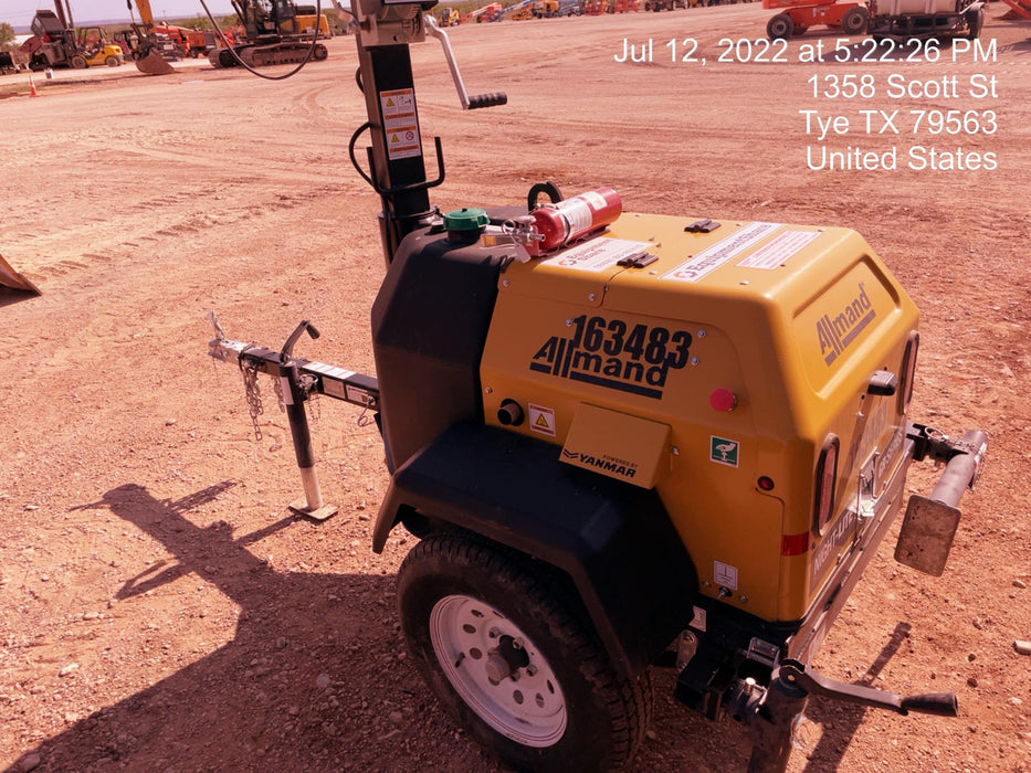 2021 Allmand NLV3GR (4) LED Light Fixture 350W, 23' Vertical Mast, 3kW Prime, Towable, Deep Sea L401, Leveling Jacks, Yanmar T4F 5.8hp