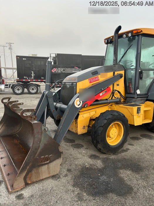 2019 John Deere 410L 4WD, CAB/HVAC, Standard Dipperstick, ISO Controls, Rear Aux Hydraulics, Manual QC w/1.5 Yd Bucket w/Forks, 24" Bucket