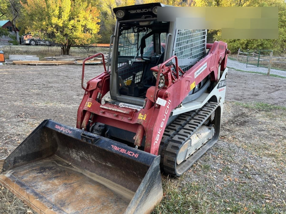 2019 Takeuchi TL10V2-CR Cab/Heat/AC, Rubber Tracks, Backup Alarm, Front & rear working Lights, Auxiliary Hydraulics, 2 Speed Travel, Engine Monitoring System, Hydraulic universal quick hitch w/76" HD dirt bucket with 8 teeth, 20.3 cubic feet capacity, 48" Pallet forks and frame