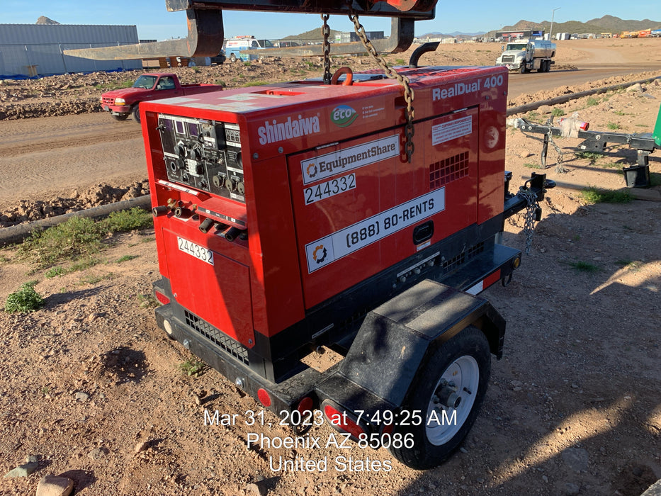 2022 Shindaiwa DGW400MDL Kubota D902 Engine, 23 HP, Dual Op Welder, Wire, Arc, Droop Stick, Tig, and CC Stick Functionality, Simulphase, 3 Phase and 1 Phase Gen Output, Single Axle NB Trlr, Slr Trckl Chrg 12V 12W, Fire Ext