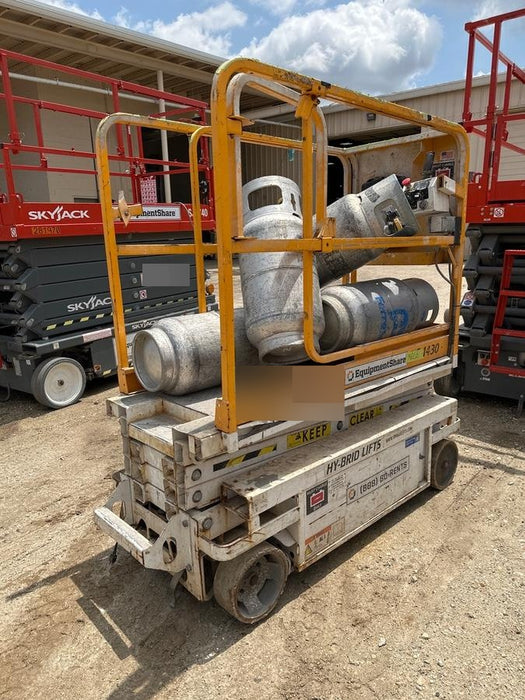 Custom Equipment HB-1430 <ul>
 <li>Hy-Brid Scissor Lift</li>
  <li>Platform capacity up to 670 lbs.</li>
  <li>Working height up to 20 ft</li>
  <li>Weighs under 1,700 lbs.</li>
  <li>Non-marking wheels </li>
</ul>