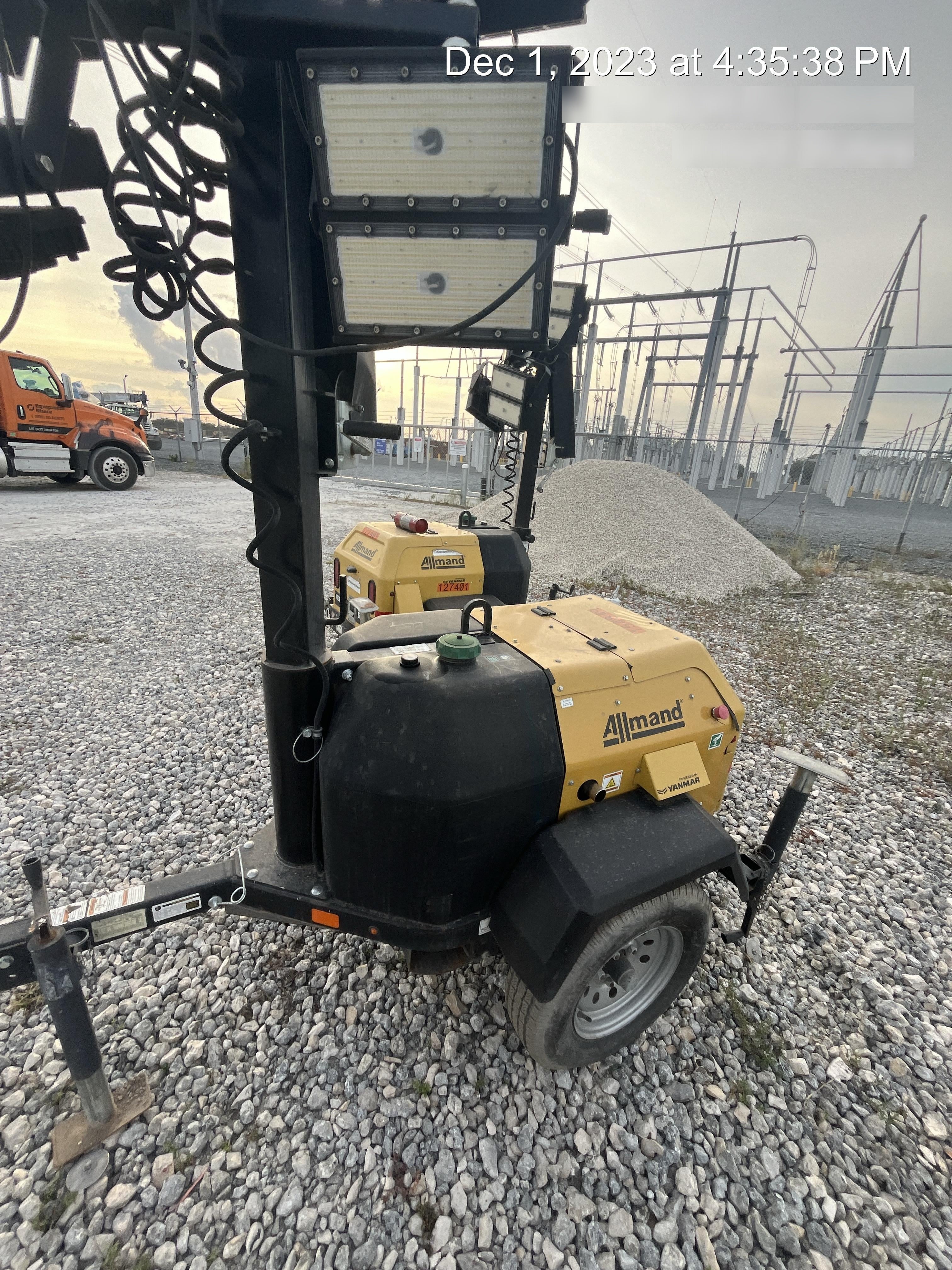 2022 Allmand NLV3GR (4) LED Light Fixture 350W, 23' Vertical Mast, 3kW Prime, Towable, Deep Sea L401, Leveling Jacks, Yanmar T4F 5.8hp
