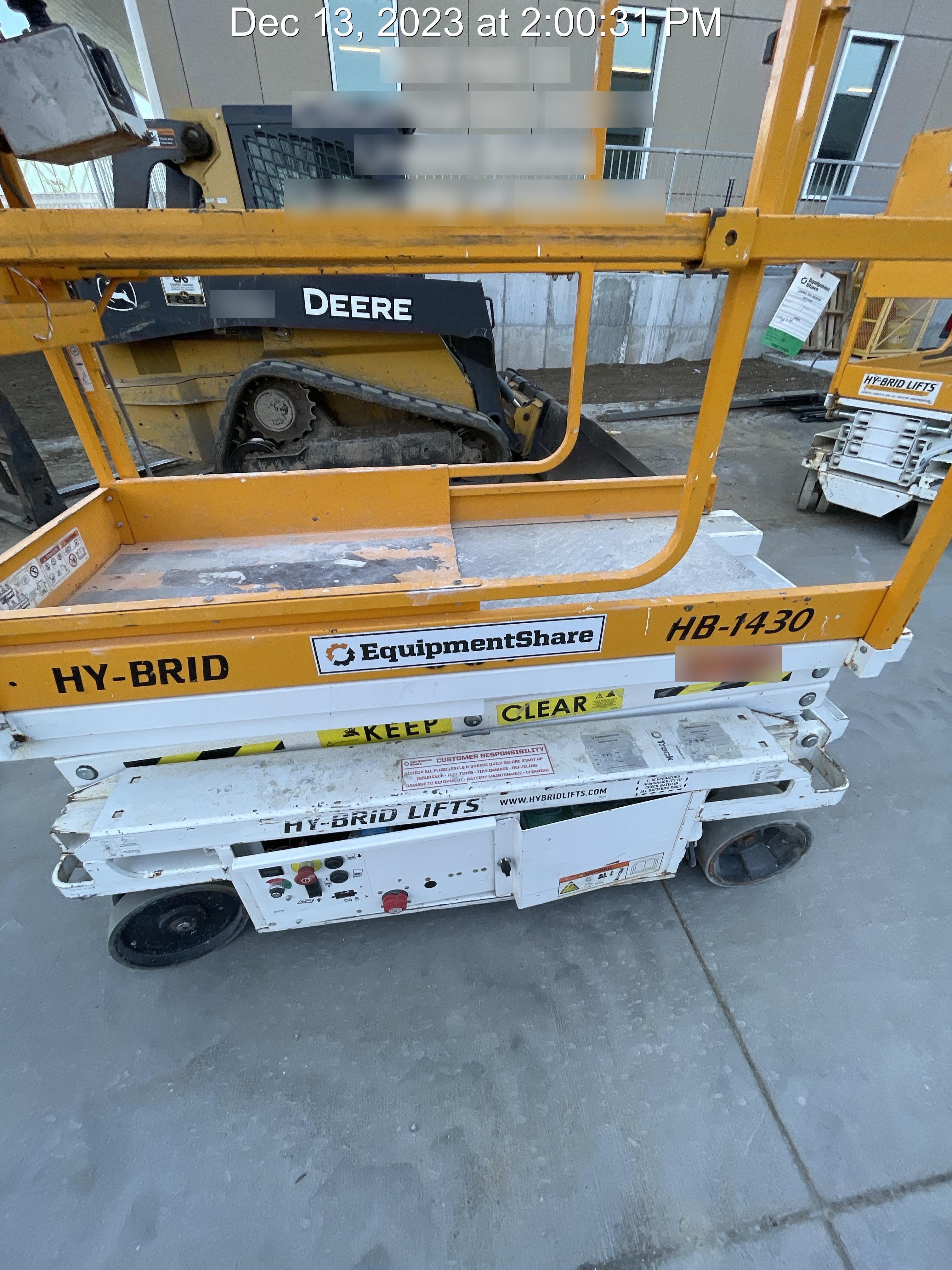 Custom Equipment HB-1430 <ul>
 <li>Hy-Brid Scissor Lift</li>
  <li>Platform capacity up to 670 lbs.</li>
  <li>Working height up to 20 ft</li>
  <li>Weighs under 1,700 lbs.</li>
  <li>Non-marking wheels </li>
</ul>