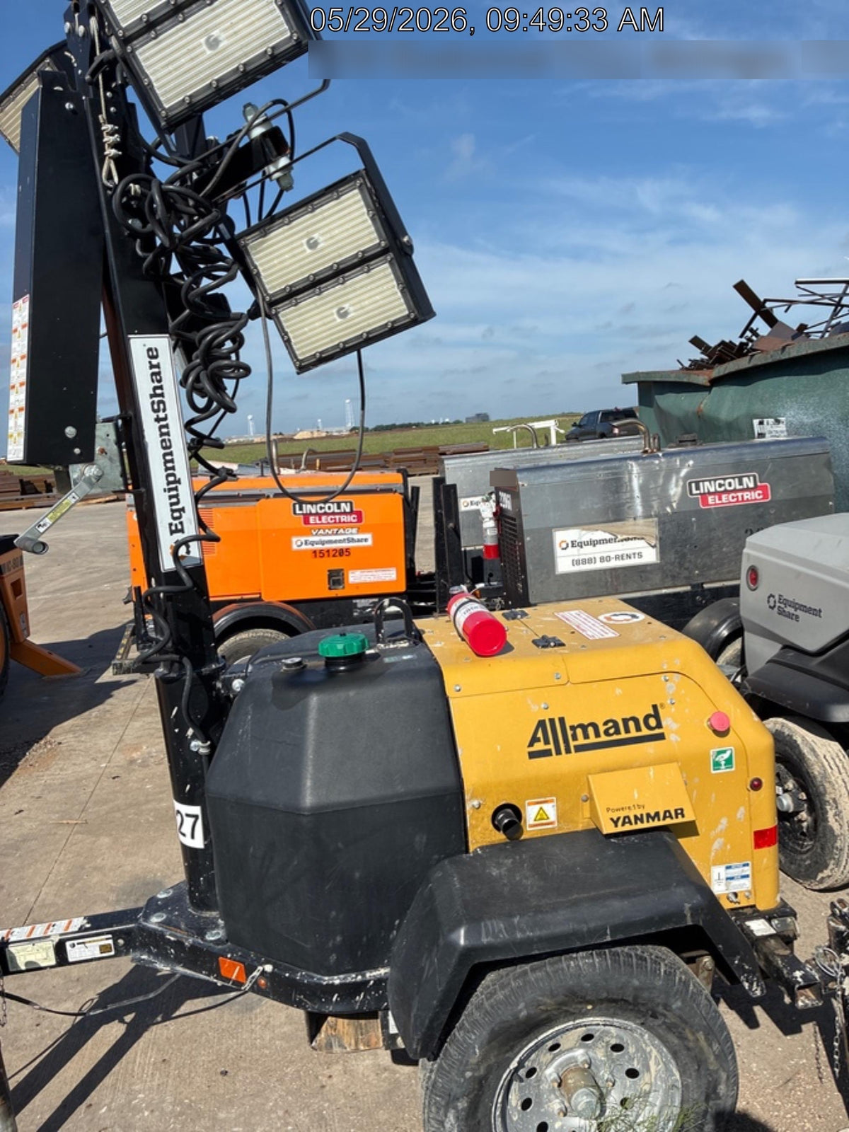 2022 Allmand NLV3GR (4) LED Light Fixture 350W, 23' Vertical Mast, 3kW Prime, Towable, ES Decals, T3