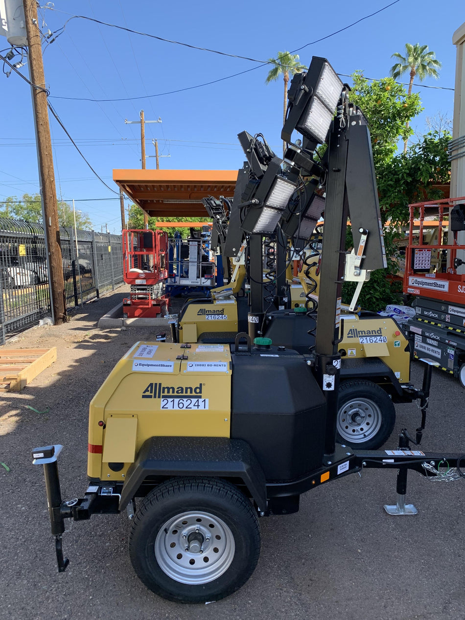 2022 Allmand NLV3GR (4) LED Light Fixture 350W, 23' Vertical Mast, 3kW Prime, Towable, Deep Sea L401, Leveling Jacks, Yanmar T4F 5.8hp