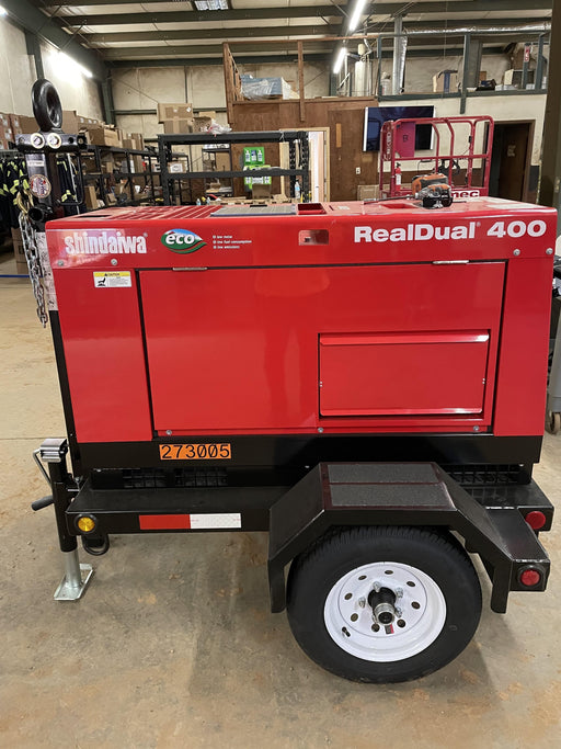 2022 Shindaiwa DGW400MDL Kubota D902 Engine, 23 HP, Dual Op Welder, Wire, Arc, Droop Stick, Tig, and CC Stick Functionality, Simulphase, 3 Phase and 1 Phase Gen Output, Single Axle NB Trlr, Slr Trckl Chrg 12V 12W, Fire Ext