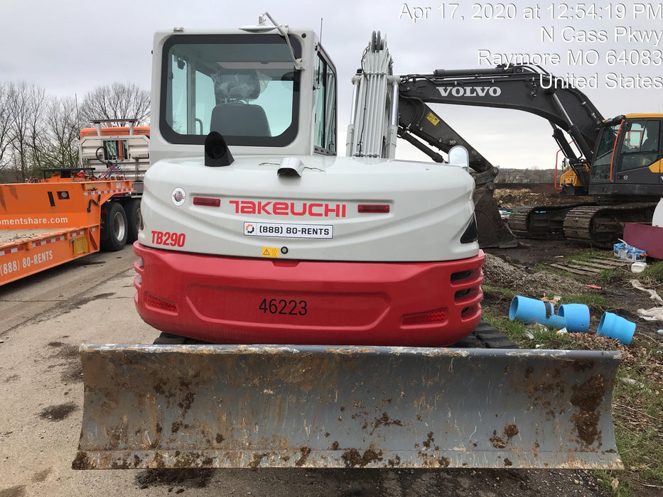 2019 Takeuchi TB290 Cab/Heat/AC Rubber tracks, Dozer blade, Travel alarm, Auxiliary hydraulics w/Manual QC, Hydraulic thumb, 18", 24", and 36" Buckets