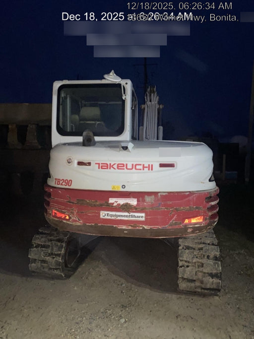 2019 Takeuchi TB290 Cab/Heat/AC Rubber tracks, Dozer blade, Travel alarm, Auxiliary hydraulics w/Manual QC, Hydraulic thumb, 18", 24", and 36" Buckets