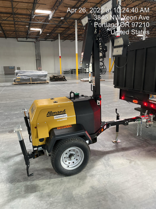 2022 Allmand NLV3GR (4) LED Light Fixture 350W, 23' Vertical Mast, 3kW Prime, Towable, Deep Sea L401, Leveling Jacks, Yanmar T4F 5.8hp