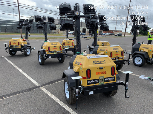 Allmand NLV3GR (4) LED Light Fixture 350W, 23' Vertical Mast, 3kW Prime, Towable, Deep Sea L401, Leveling Jacks, Yanmar T4F 5.8hp