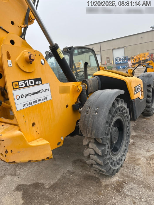 2019 JCB 510-56 74 HP w/Open ROPS, Beacon, Aux Hydraulics, Worklights, Solid Tires, 60" Carriage/Forks