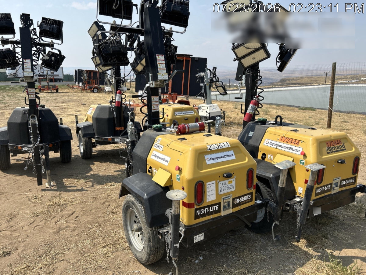 2022 Allmand NLV3GR (4) LED Light Fixture 350W, 23' Vertical Mast, 3kW Prime, Towable, Deep Sea L401, Leveling Jacks, Yanmar T4F 5.8hp