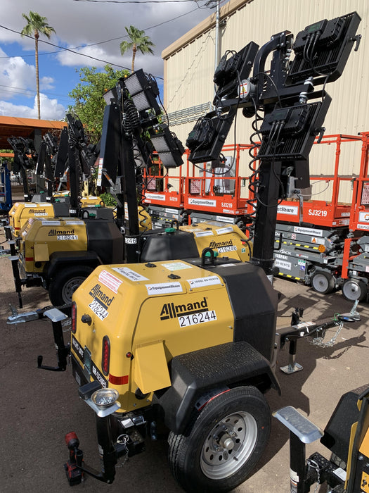 2022 Allmand NLV3GR (4) LED Light Fixture 350W, 23' Vertical Mast, 3kW Prime, Towable, Deep Sea L401, Leveling Jacks, Yanmar T4F 5.8hp