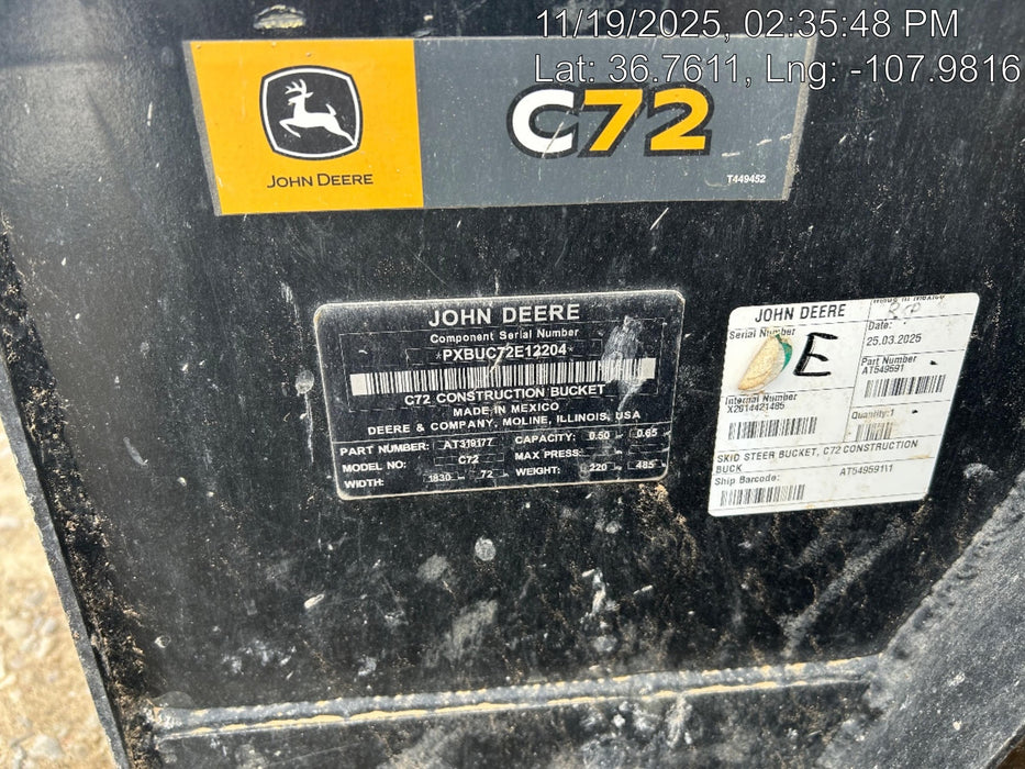2025 JOHN DEERE 72" Skid Loader Bucket - John Deere C72