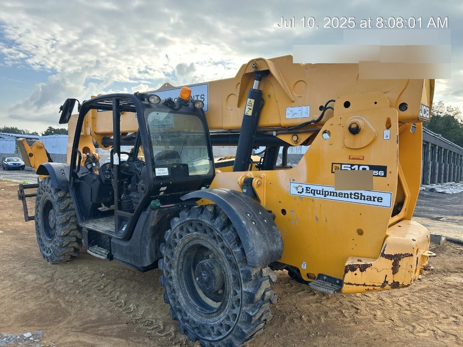 2019 JCB 510-56 Open ROPS, 74 HP, Solid Tires, Worklights, Beacon, Aux Hydraulics, Lifting Eye w/60" Carriage/60" Forks