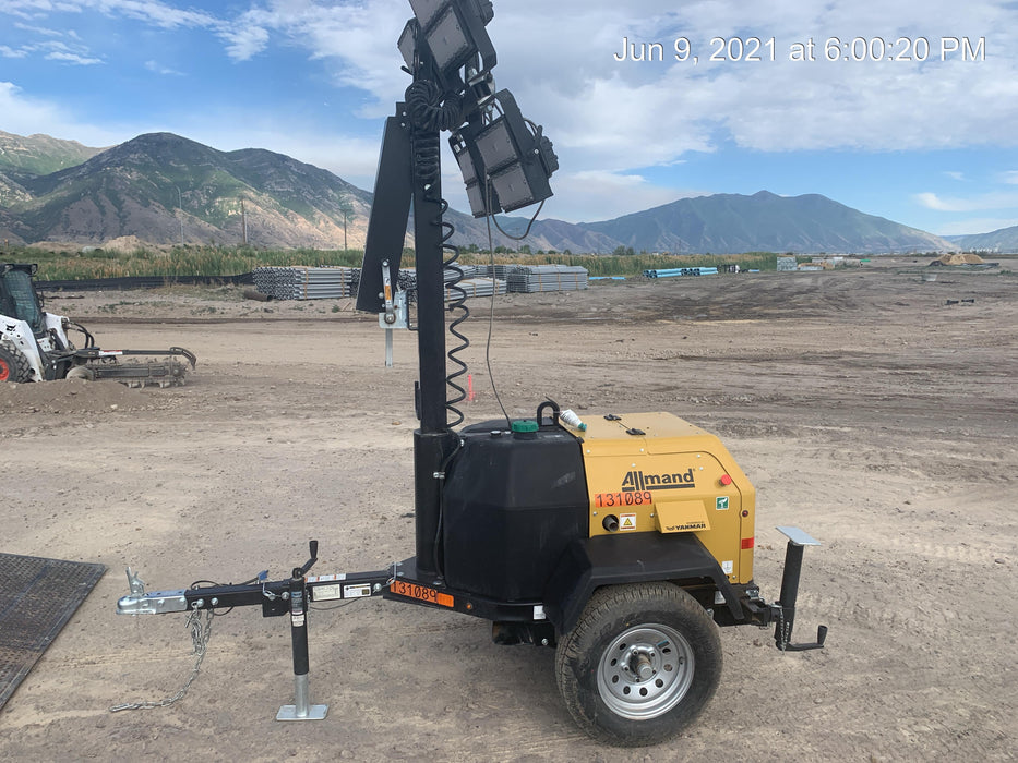 2021 Allmand NLV3GR (4) LED Light Fixture 350W, 23' Vertical Mast, 3kW Prime, Towable, Deep Sea L401, Leveling Jacks, Yanmar T4F 5.8hp