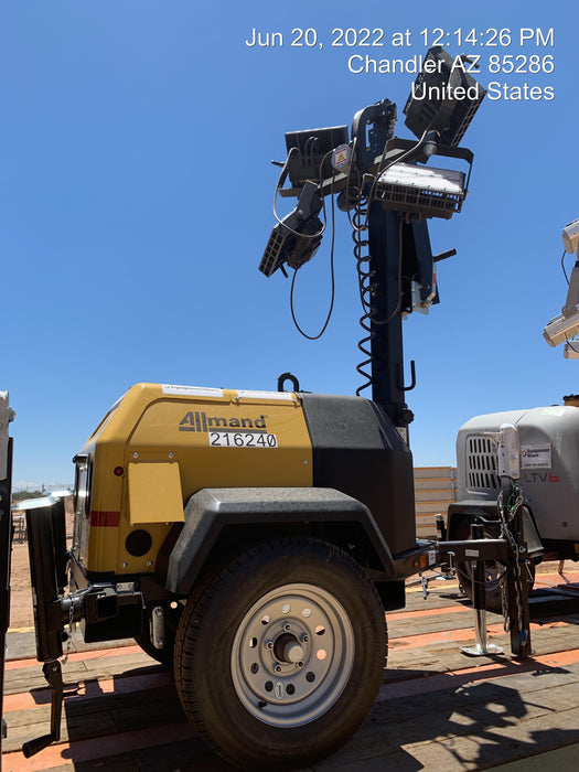 2022 Allmand NLV3GR (4) LED Light Fixture 350W, 23' Vertical Mast, 3kW Prime, Towable, Deep Sea L401, Leveling Jacks, Yanmar T4F 5.8hp