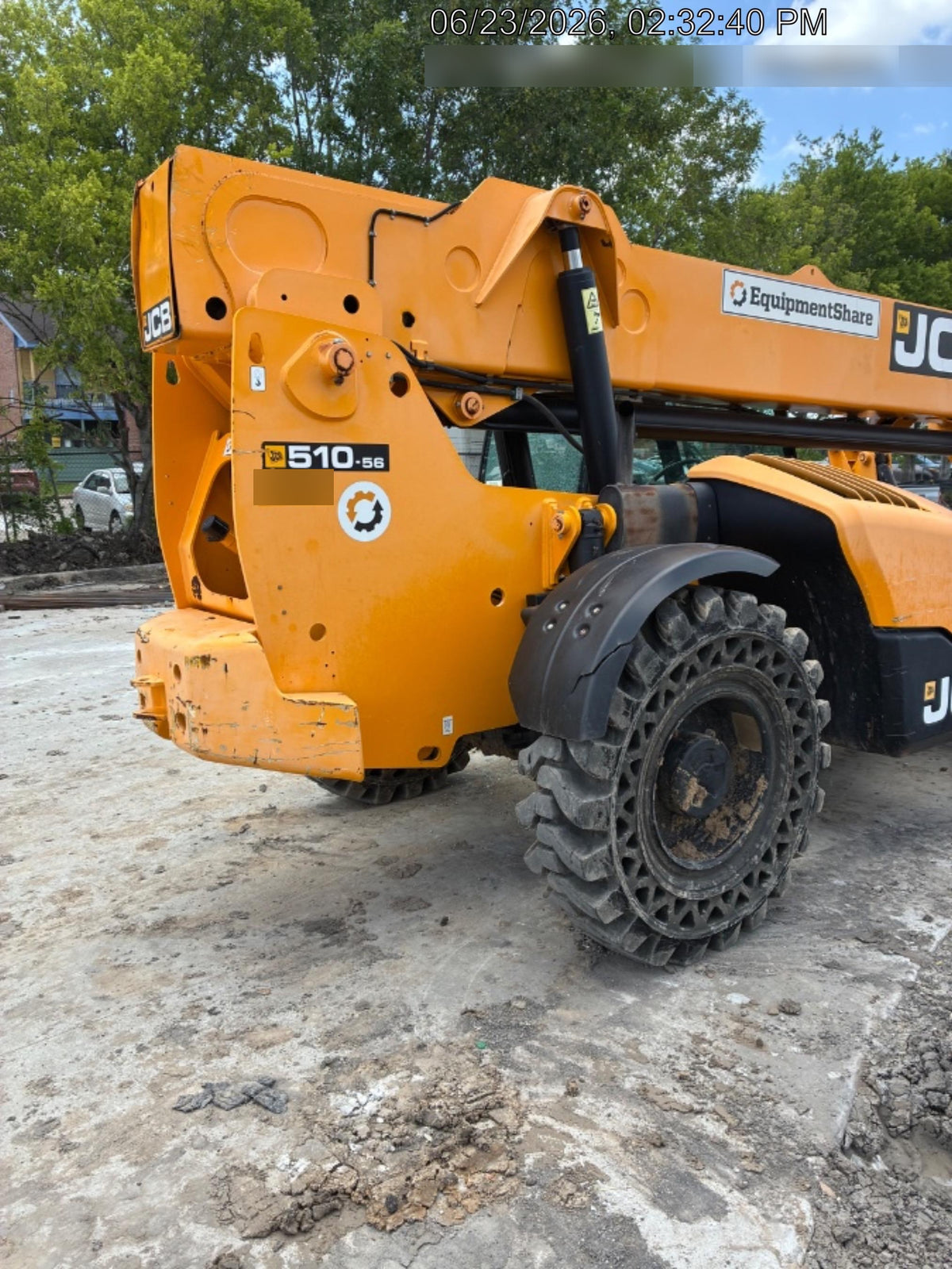 2019 JCB 510-56 Enclosed Cab, 74 HP, Solid Tires, Worklights, Beacon, Aux Hydraulics, Lifting Eye w/66" Carriage/60" Forks