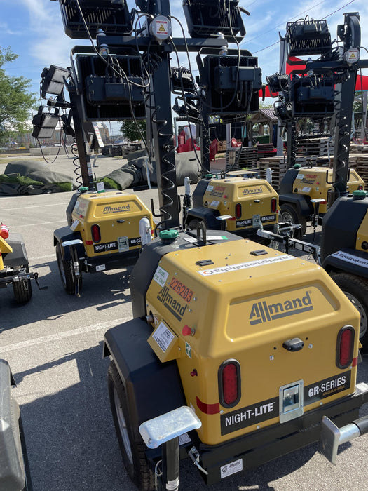 2022 Allmand NLV3GR (4) LED Light Fixture 350W, 23' Vertical Mast, 3kW Prime, Towable, Deep Sea L401, Leveling Jacks, Yanmar T4F 5.8hp