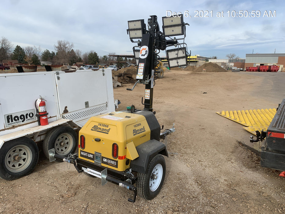 2021 Allmand NLV3GR (4) LED Light Fixture 350W, 23' Vertical Mast, 3kW Prime, Towable, Deep Sea L401, Leveling Jacks, Yanmar T4F 5.8hp