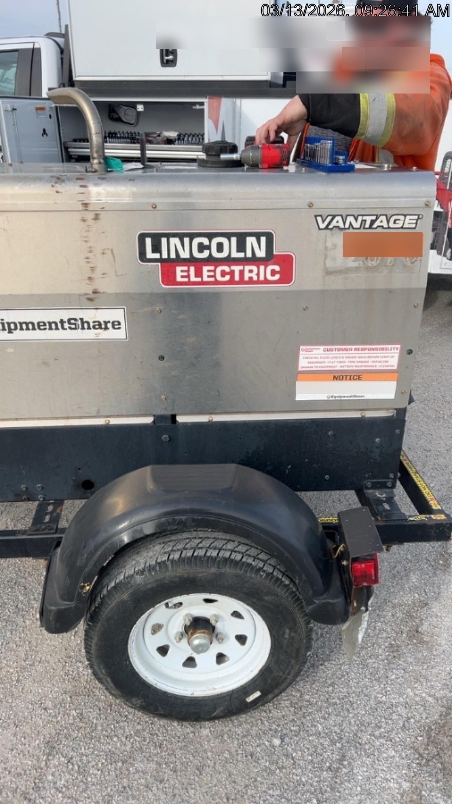 2019 Lincoln Electric Vantage 322 Welder Ready-Pak 3, Two wheel trailer, Fender and Light kit, Cable Rack