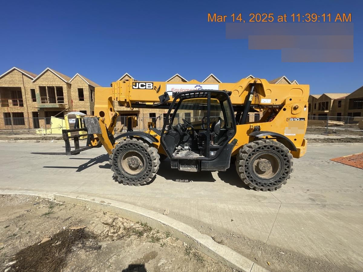 2019 JCB 510-56 74 HP w/Open ROPS, Beacon, Aux Hydraulics, Worklights, Solid Tires w/60" Carriage/Forks