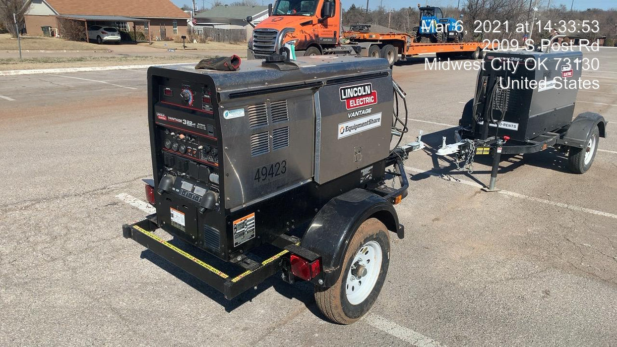 2019 Lincoln Electric Vantage 322 Ready-Pak 3, Two Wheel Trailer, Fender and Light Kit, Cable Rack