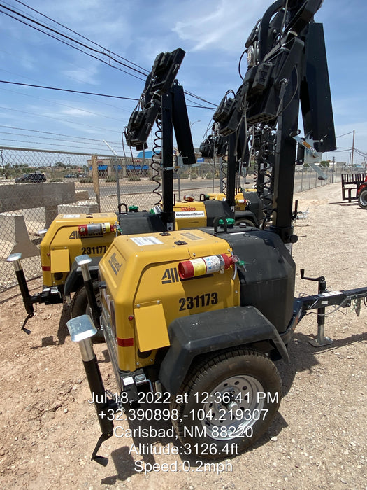 2022 Allmand NLV3GR (4) LED Light Fixture 350W, 23' Vertical Mast, 3kW Prime, Towable, Deep Sea L401, Leveling Jacks, Yanmar T4F 5.8hp