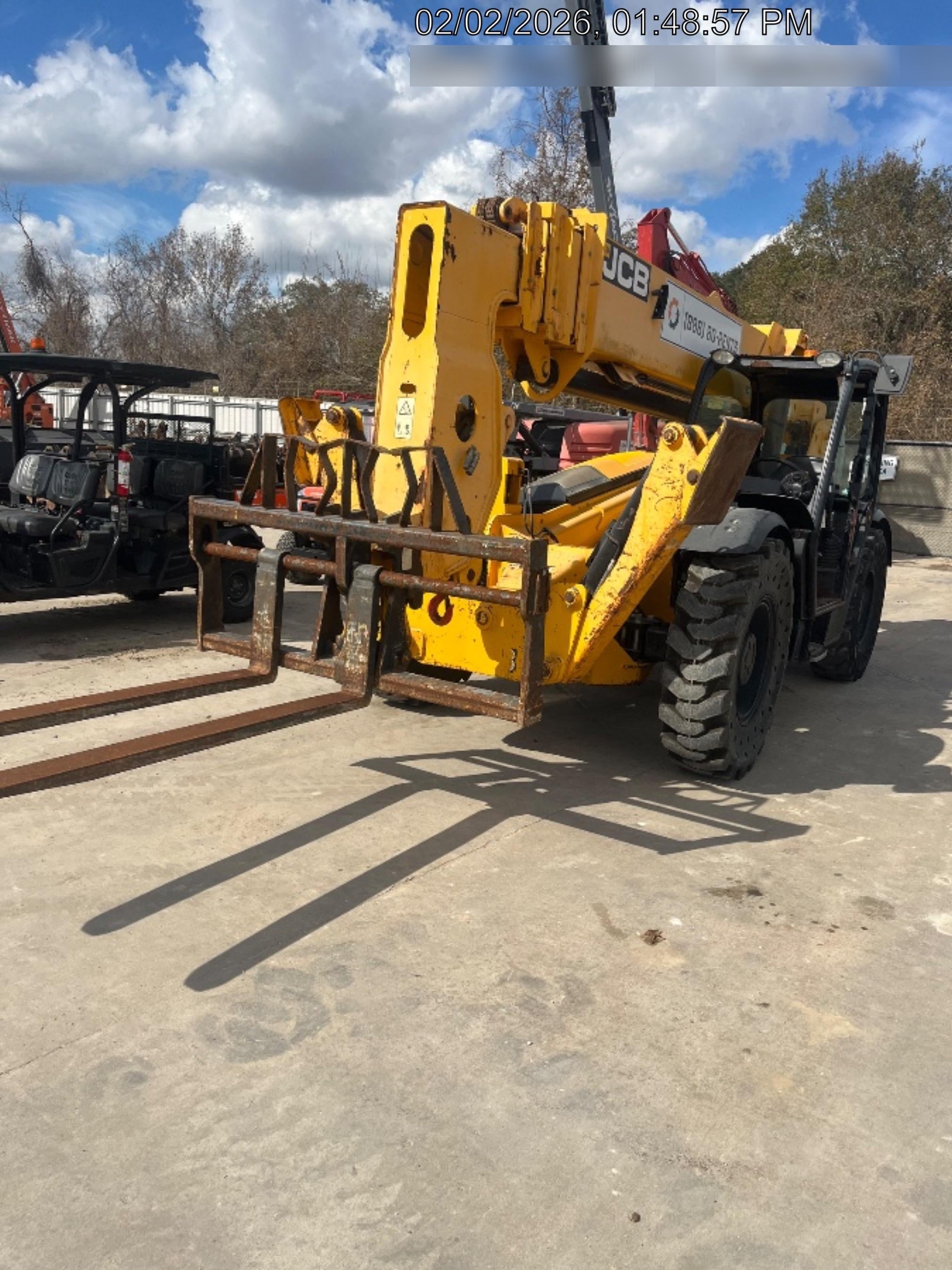 2019 JCB 510-56 Open ROPS, 74 HP, Solid Tires, Worklights, Beacon, Aux Hydraulics, Lifting Eye w/66" Carriage/60" Forks