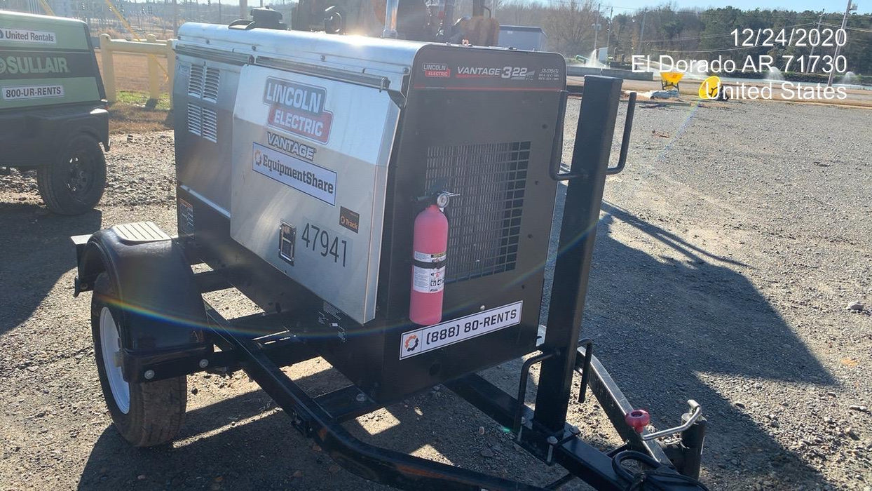 2019 Lincoln Electric Vantage 322 Ready-Pak 3, Two Wheel Trailer, Fender and Light Kit, Cable Rack