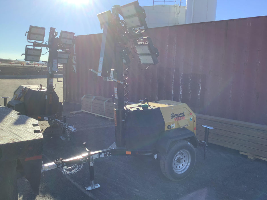 Allmand NLV3GR (4) LED Light Fixture 350W, 23' Vertical Mast, 3kW Prime, Towable, Deep Sea L401, Leveling Jacks, Yanmar T4F 5.8hp