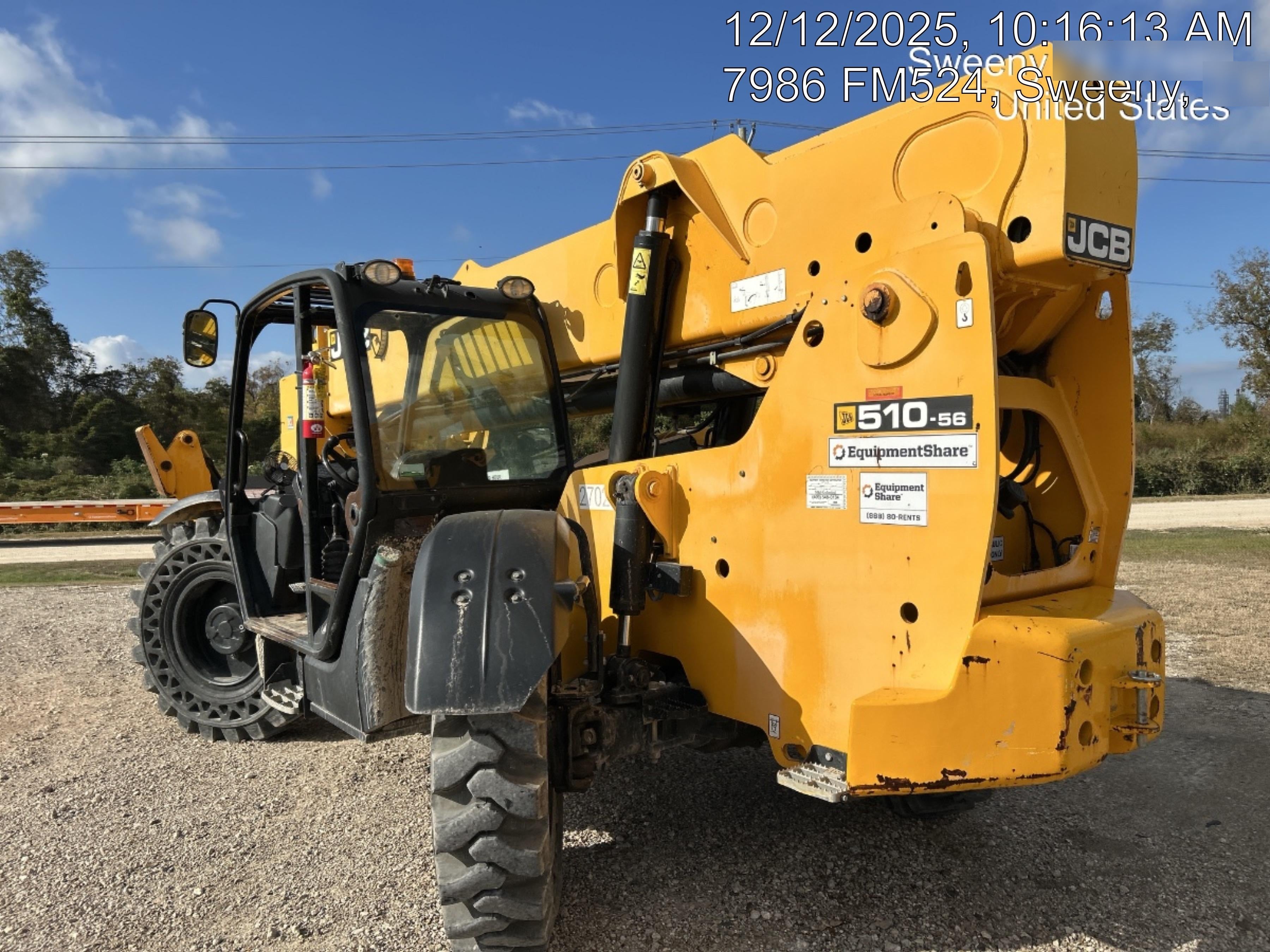 2019 JCB 510-56 Open ROPS, 74 HP, Solid Tires, Worklights, Beacon, Aux Hydraulics, Lifting Eye w/60" Carriage/60" Forks