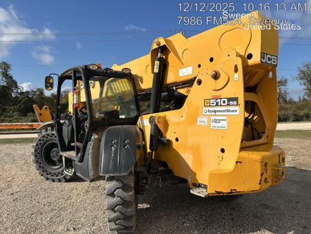 2019 JCB 510-56 Open ROPS, 74 HP, Solid Tires, Worklights, Beacon, Aux Hydraulics, Lifting Eye w/60" Carriage/60" Forks