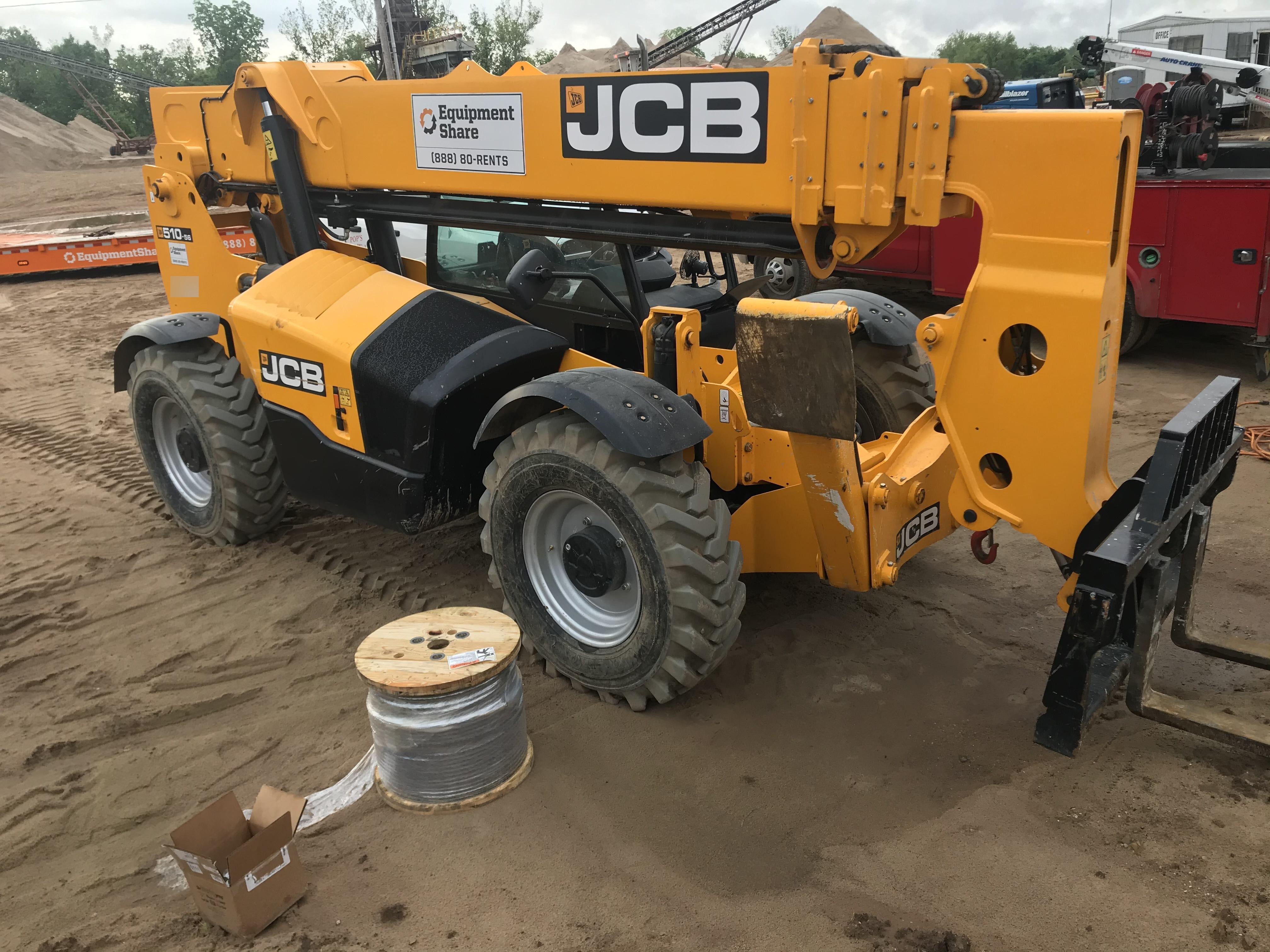 2019 JCB 510-56 74 HP w/Open ROPS, Beacon, Aux Hydraulics, Worklights, Solid Tires 60" Carriage/Forks