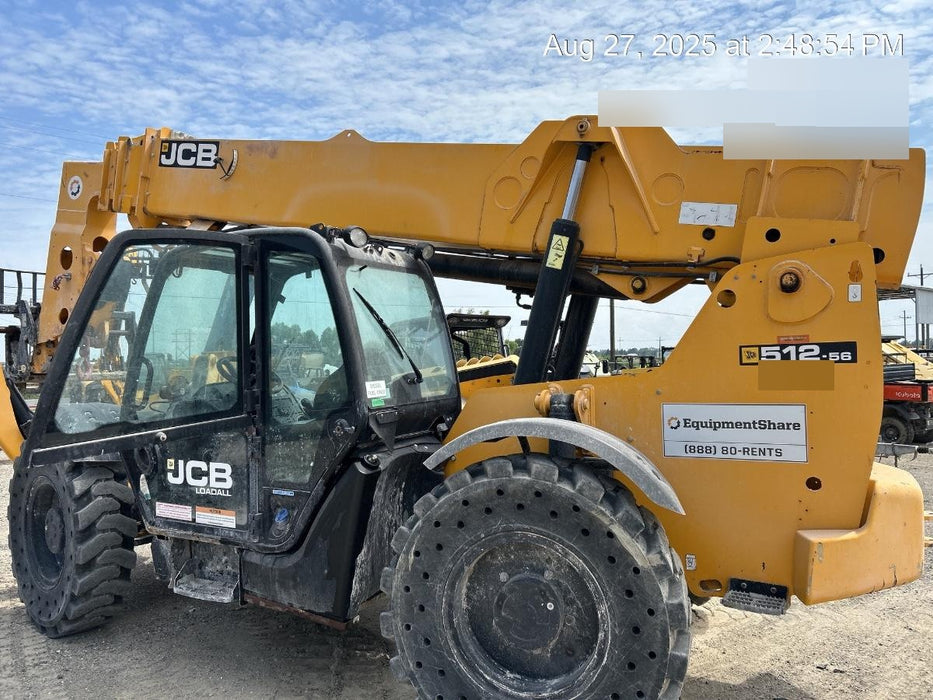 2019 JCB 512-56 Enclosed Cab, 109 HP, Solid Tires, Worklights, Beacon, Aux Hydraulics, Lifting Eye w/60" Carriage/60" Forks