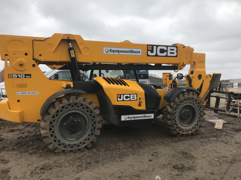 2019 JCB 510-56 Open ROPS, 74 HP, Solid Tires, Worklights, Beacon, Aux Hydraulics, Lifting Eye 72" Carriage/60" Forks