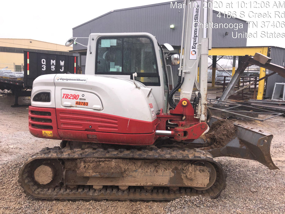 2019 Takeuchi TB290 Cab, AC, Rubber Tracks, Dozer Blade, Travel Alarm, Control Pattern Change Valve, Auxiliary Hydraulics w/18" Quick Coupler Bucket with teeth, 6.2 cu. ft. capacity/24" Quick Coupler Bucket with teeth, 8.6 cu. ft. capacity/36" Quick Coupler Bucket with teeth, 13.4 cu. ft. capacity, Quick Coupler, Hydraulic Thumb Installed